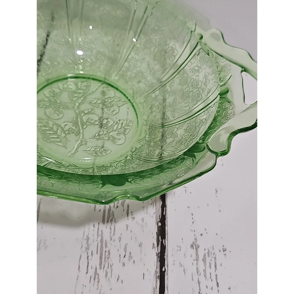 VTG Jeanette Cherry Blossom Green Depression Glass Serving Bowl with handles